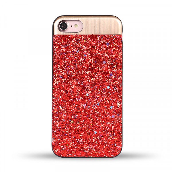 Wholesale iPhone 8 / 7 Sparkling Glitter Chrome Fancy Case with Metal Plate (Red)
